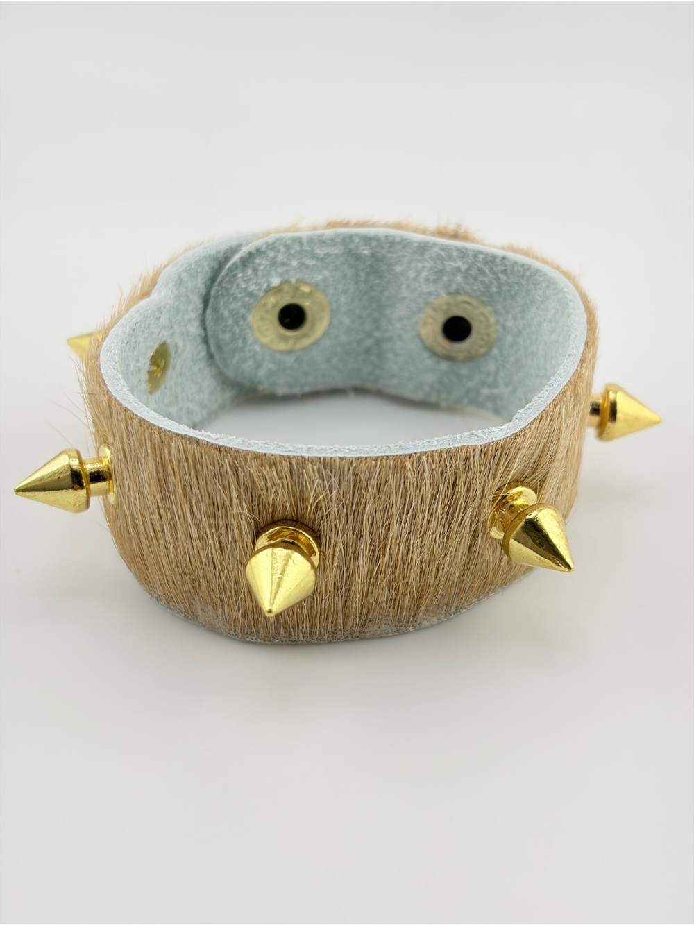 Hair-on Hide Studded Bracelet in Light Brown with Gold Accents